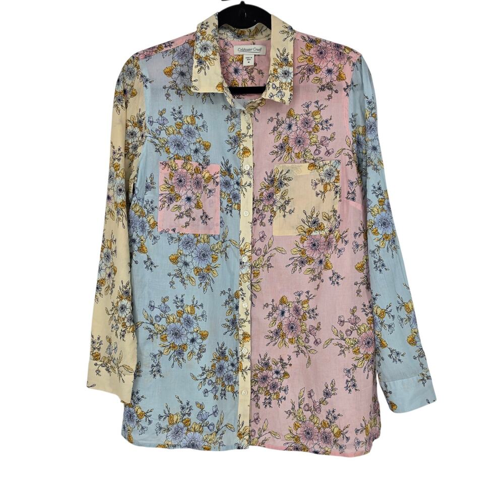 Coldwater Creek Pastel Colorblock Floral Cotton Long Sleeve Button Up Shirt Sz M